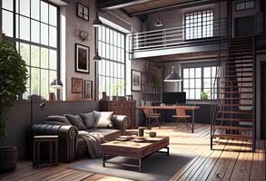 Living room loft in industrial style ,3d render. photo