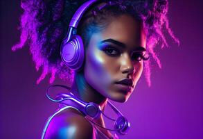 Stylish fashion african american teenager model wearing headphones listening dj music dancing in purple neon lights. photo