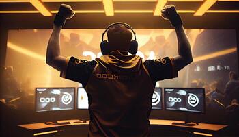 Professional eSports gamer rejoices in the victory and gold game room background. photo
