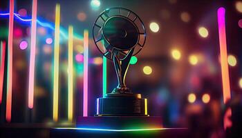 Winner trophy on a stage at studio illuminated by neon lights with blurred background. photo