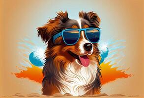 Cute Cartoon Summer Australian Shepard on a Beach in Sunglasses. photo