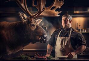 retrato de un alce y cocinero en un restaurante cocina. ai generado foto