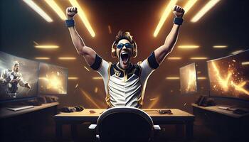 Professional eSports gamer rejoices in the victory and gold game room background. photo