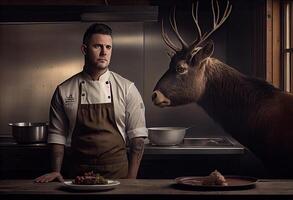 retrato de un alce y cocinero en un restaurante cocina. ai generado foto