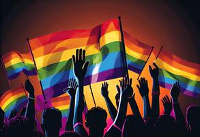 Pride community at a parade with hands raised and the LGBT flag . . photo