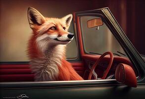 Portrait of a fox traveling in a cabriolet . photo