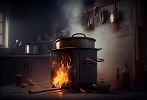 estufa encendido en el moderno cocina durante cocinando, fumar y Hollín alrededor, fuego a casa.ai generado foto