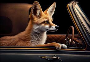 Portrait of a fox traveling in a cabriolet . photo