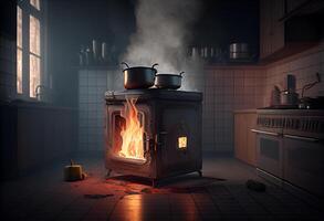 estufa encendido en el moderno cocina durante cocinando, fumar y Hollín alrededor, fuego a hogar. ai generado foto
