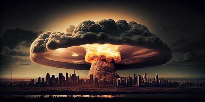 Big nuclear explosion mushroom cloud effect over city skyline for apocalyptical aftermath of nuclear attach . photo