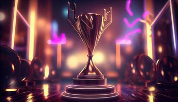 Winner trophy on a stage at studio illuminated by neon lights with blurred background. photo