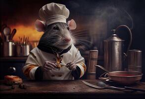 Portrait of a rat chef in a restaurant kitchen. photo