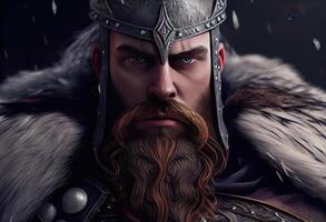 retrato de un antiguo guerrero con un barba y en invierno. ai generado. foto