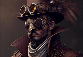 un hombre vistiendo un Steampunk sombrero y un Steampunk mascarilla, fantasía arte, steampunk ai generado foto