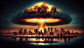 Big nuclear explosion mushroom cloud effect over city skyline for apocalyptical aftermath of nuclear attach . photo