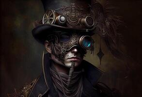 un hombre vistiendo un Steampunk sombrero y un Steampunk mascarilla, fantasía arte, steampunk ai generado foto