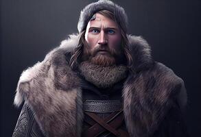 Portrait of an ancient warrior with a beard and in winter. photo