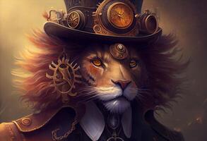 a lion wearing a steampunk hat and a steampunk mask, fantasy art, steampunk. photo