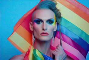 Slim extraordinary drag queen with makeup holding LGBT pride flag against blue background and looking at camera. photo