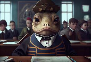 Portrait of an anthropomorphic battleship dressed as a schoolboy in a classroom. photo