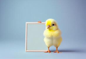 Cute chick holding a blank frame with copy space on a gradient background. photo