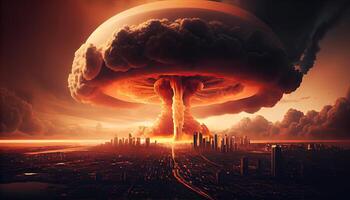 Big nuclear explosion mushroom cloud effect over city skyline for apocalyptical aftermath of nuclear attach . photo