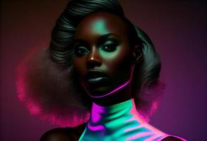 Fashion portrait beautiful black woman, look at camera, in neon studio lighting. photo