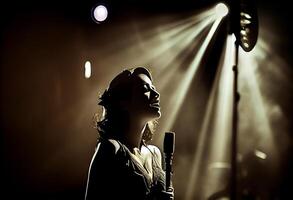 hembra jazz cantante en etapa durante un concierto iluminado por espectáculo luces. ai generado foto