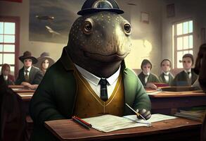 Portrait of an anthropomorphic battleship dressed as a schoolboy in a classroom. photo