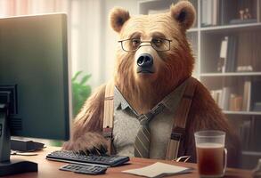 Portrait of an anthropomorphic bear as a developer in the office. photo