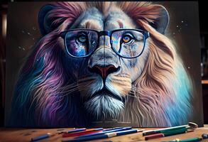 colored lion with prescription glasses, a photorealistic painting. photo