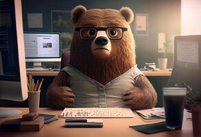 Portrait of an anthropomorphic bear as a developer in the office. photo