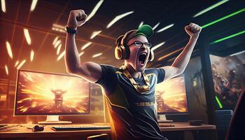 Professional eSports gamer rejoices in the victory and gold game room background. photo