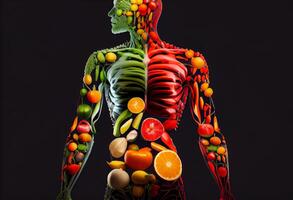 sano nutrición y dieta concepto. humano cuerpo hecho de Fresco frutas y vegetales. ai generado foto