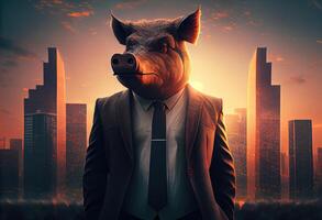 Portrait of an anthropomorphic boar dressed as a businessman against the backdrop of a modern city at sunset. photo