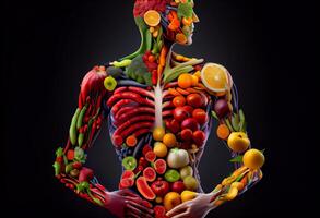 sano nutrición y dieta concepto. humano cuerpo hecho de Fresco frutas y vegetales. ai generado foto