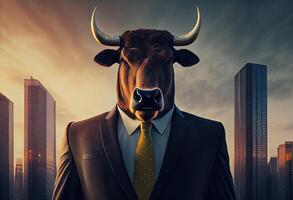 Portrait of an anthropomorphic bull dressed as a businessman against the backdrop of a modern city at sunset. photo