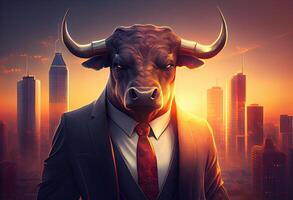 Portrait of an anthropomorphic bull dressed as a businessman against the backdrop of a modern city at sunset. photo