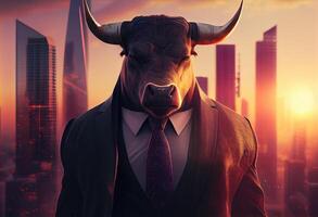 retrato de un antropomórfico toro vestido como un empresario en contra el fondo de un moderno ciudad a puesta de sol. ai generado foto