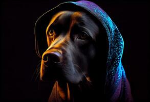 high detail, close up portrait, a black labrador in torn hoodie, looking at the camera, studio shot, , dark mode, sad, depth of field, fashion, neon glow backlight, silhouette. photo