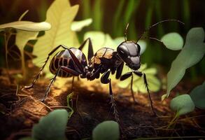 Ant in the forest in the wild, summer day. photo