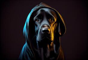 high detail, close up portrait, a black labrador in torn hoodie, looking at the camera, studio shot, , dark mode, sad, depth of field, fashion, neon glow backlight, silhouette. photo