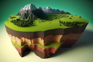 3D land with mountain isolated , Piece of earth land green field. photo