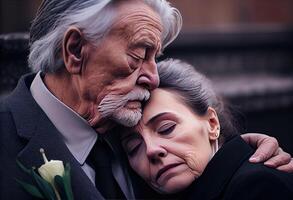 Senior man standing with attractive woman holding flowers on funeral. photo