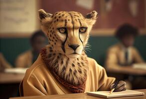 Portrait of an anthropomorphic cheetah dressed as a schoolboy in a classroom. photo