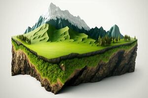 3D land with mountain isolated , Piece of earth land green field. photo