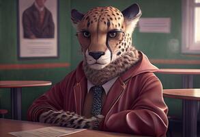 Portrait of an anthropomorphic cheetah dressed as a schoolboy in a classroom. photo