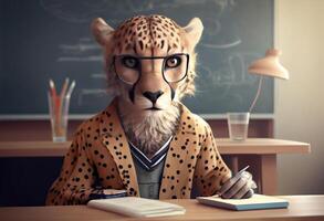 Portrait of an anthropomorphic cheetah dressed as a schoolboy in a classroom. photo