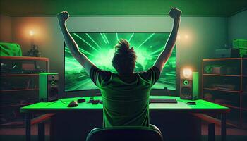 Professional eSports gamer rejoices in the victory and green game room background. photo