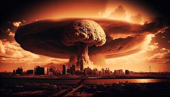 Big nuclear explosion mushroom cloud effect over city skyline for apocalyptical aftermath of nuclear attach . photo